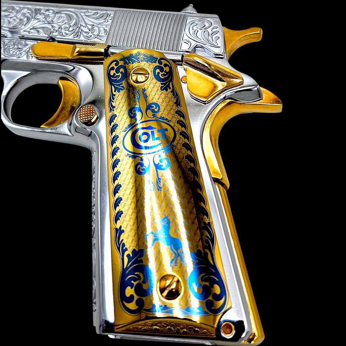 Full size 1911 pistol grips, Colt Scroll design, gold plated aluminum, fits all standard 1911 firearms