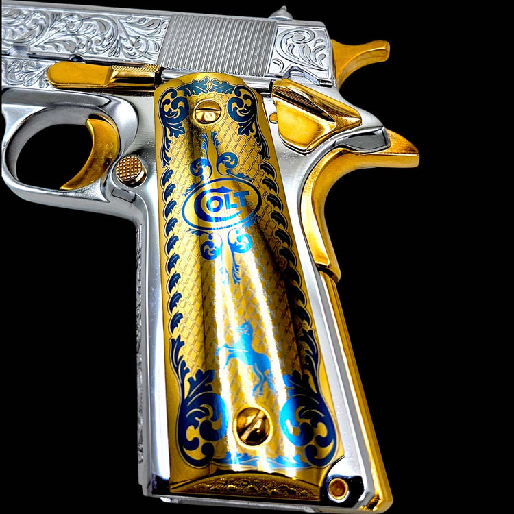 Full size 1911 pistol grips, Colt Scroll design, gold plated aluminum, fits all standard 1911 firearms