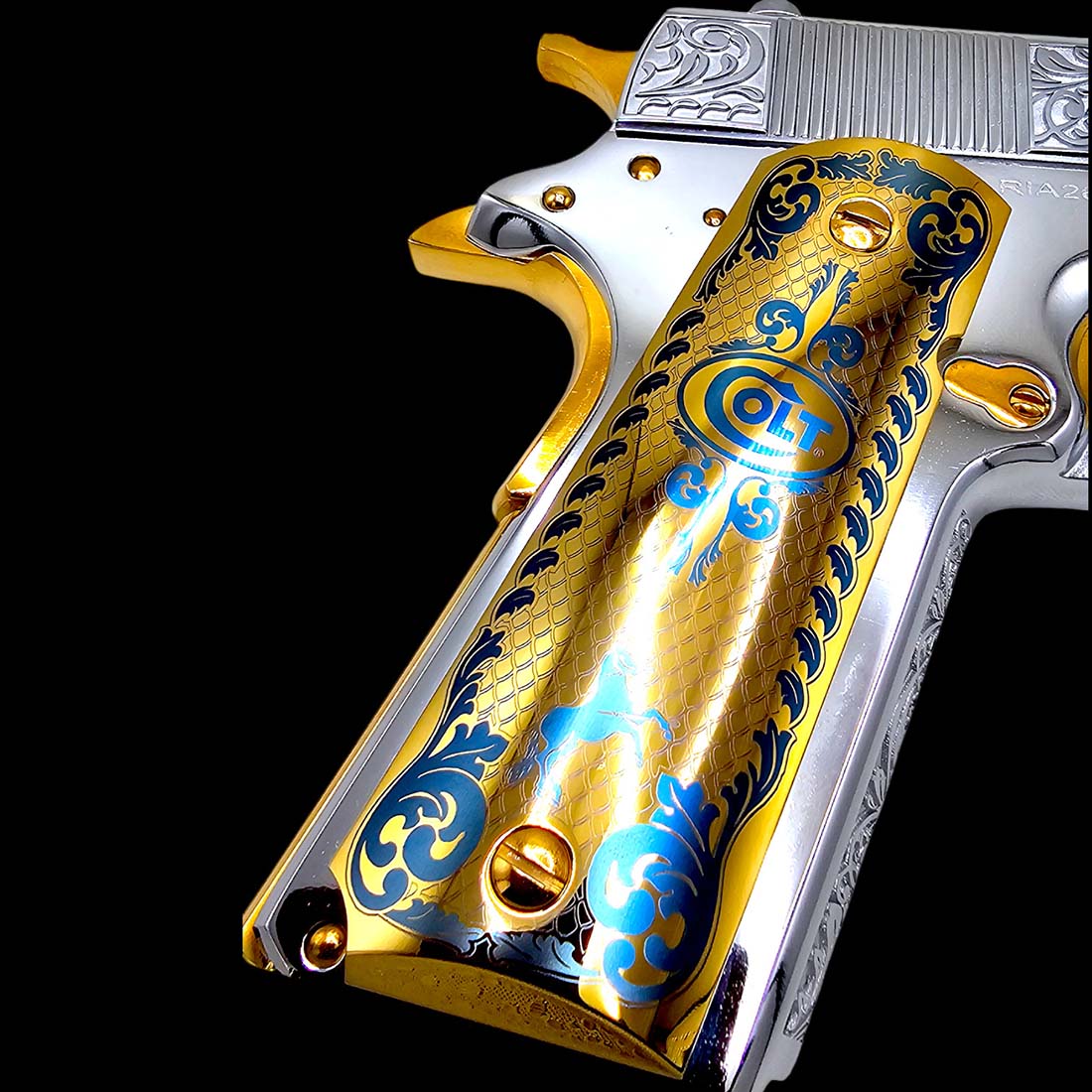 24K gold plated Colt 1911 firearm grips, mirror polished, laser engraved Colt Scroll pattern