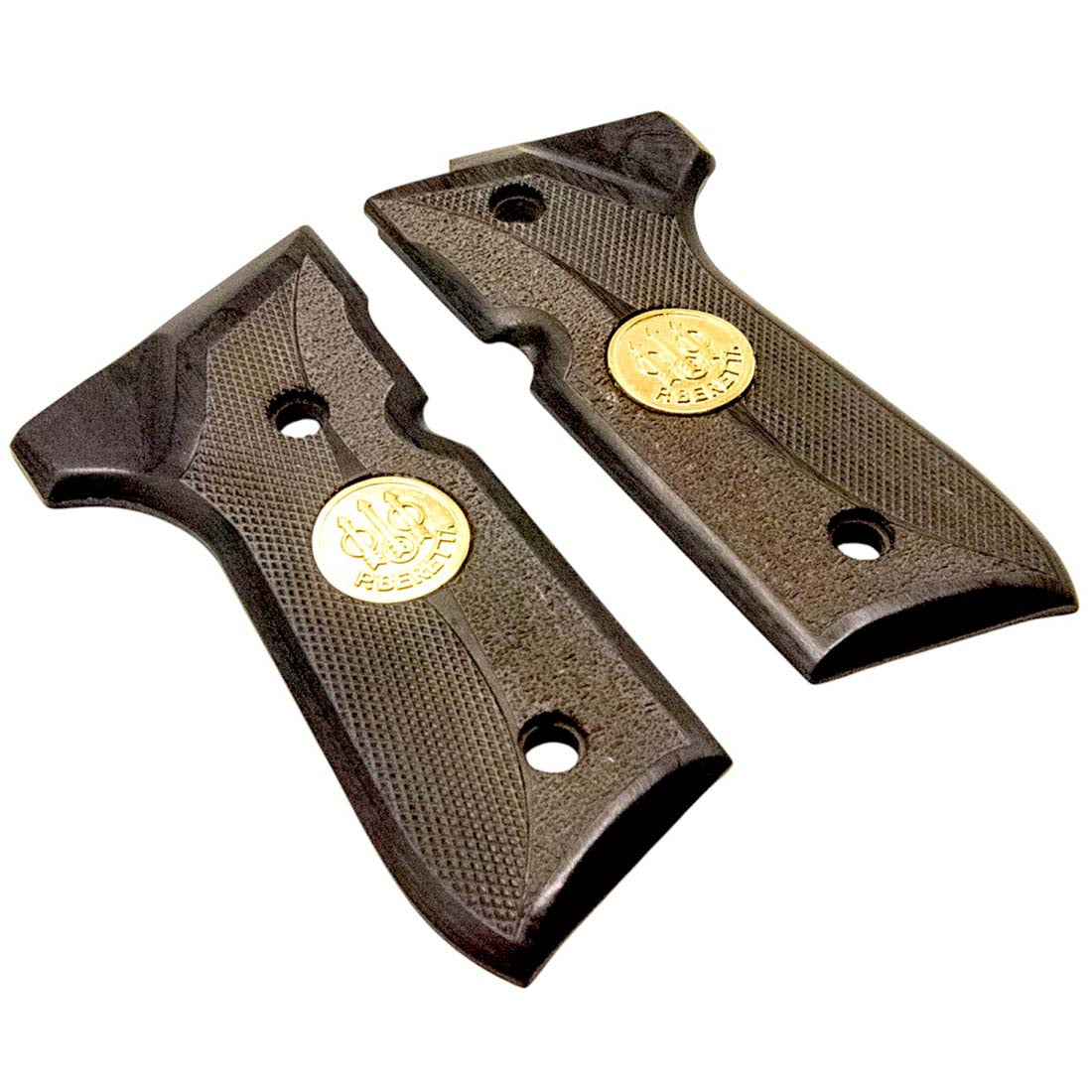Side view of pistol grips for Beretta M9 featuring gold inlay