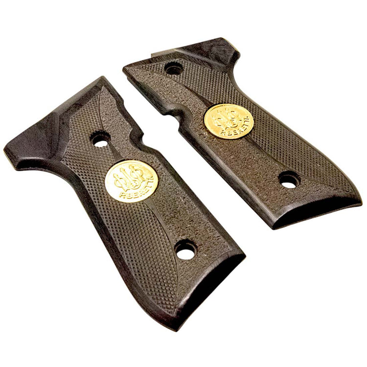Side view of pistol grips for Beretta M9 featuring gold inlay