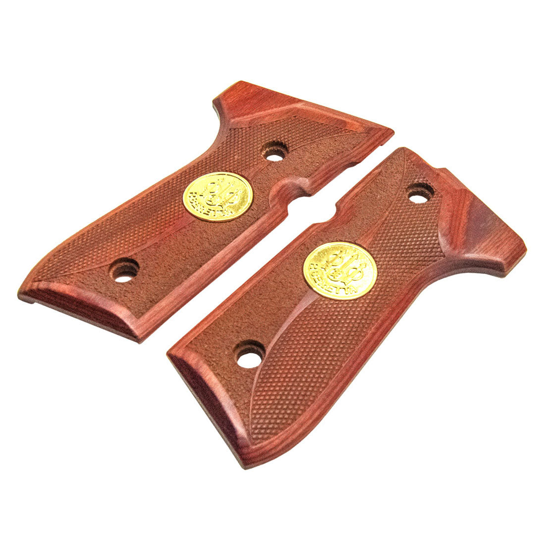 Solid Rosewood grips for Beretta 92FS and M92 full-size pistols, CNC precision cut, gold plated emblem, luxury upgrade