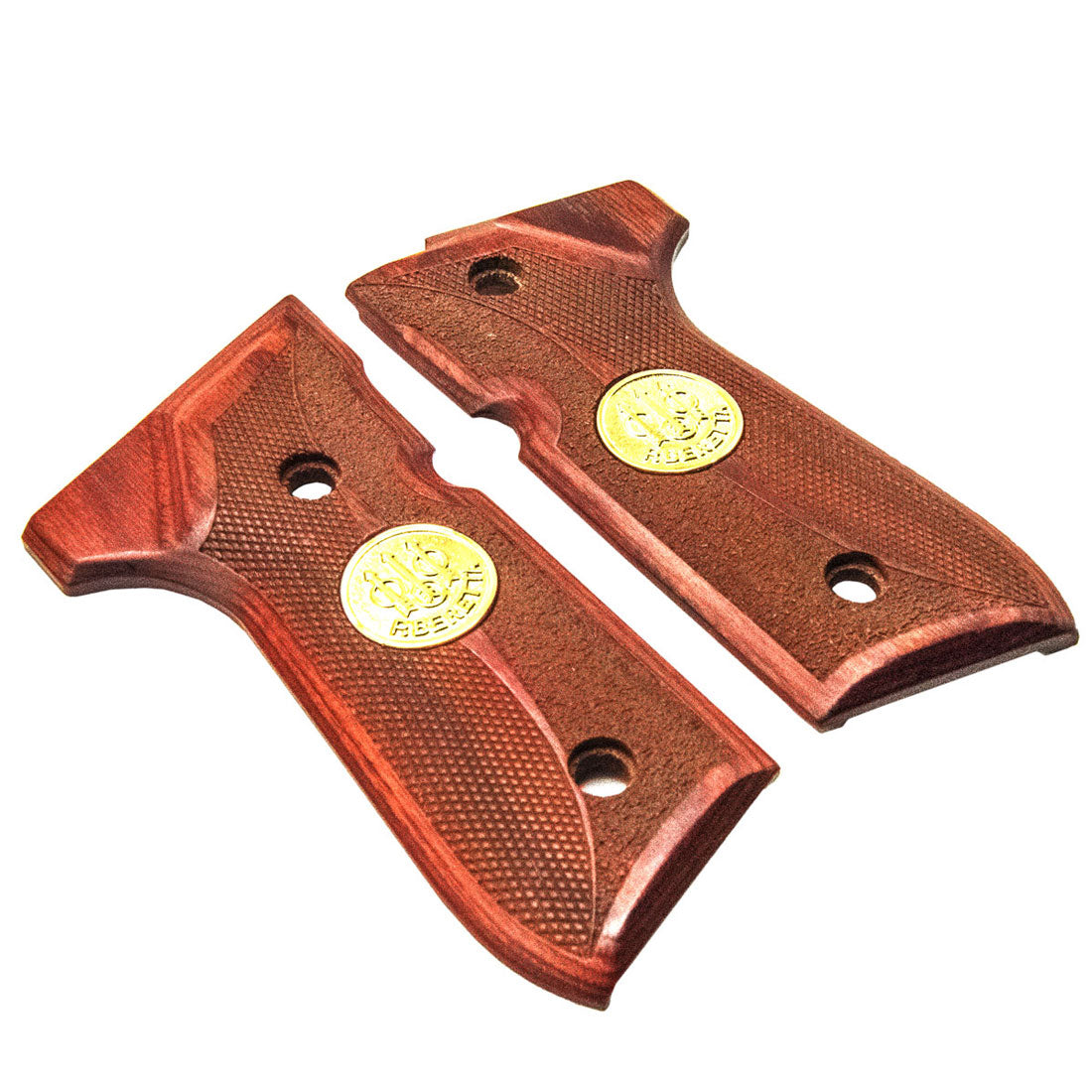 Beretta 92FS custom Rosewood pistol grips, 24K gold emblem, CNC machined for perfect fit, high-end gun accessories
