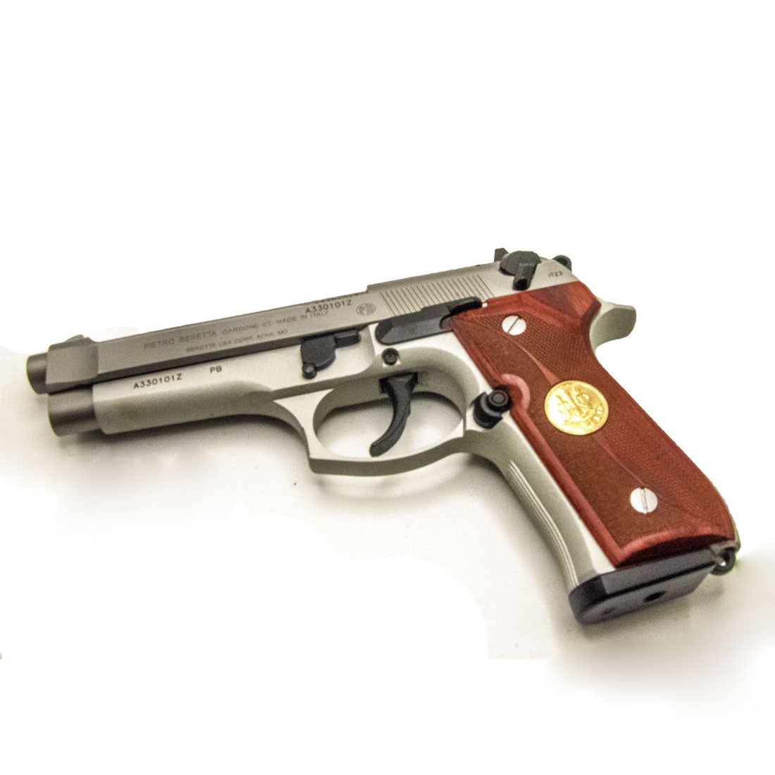 Rosewood Beretta pistol grips with gold Beretta emblem, compatible with 92FS, M92, and full-size Beretta models