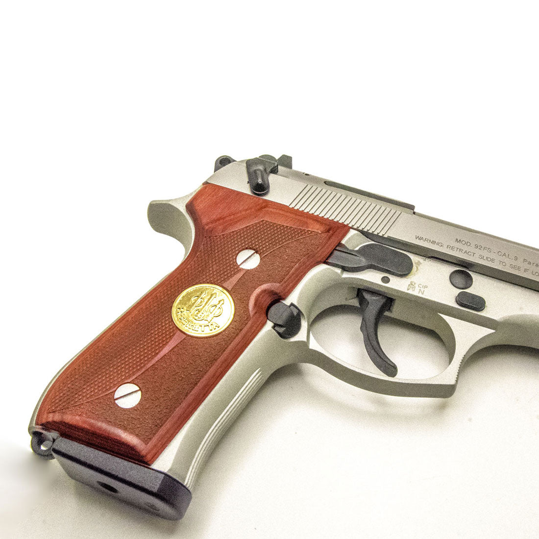 High-quality Beretta 92FS grips, Rosewood construction with 24K gold logo, free USA shipping, hassle-free returns