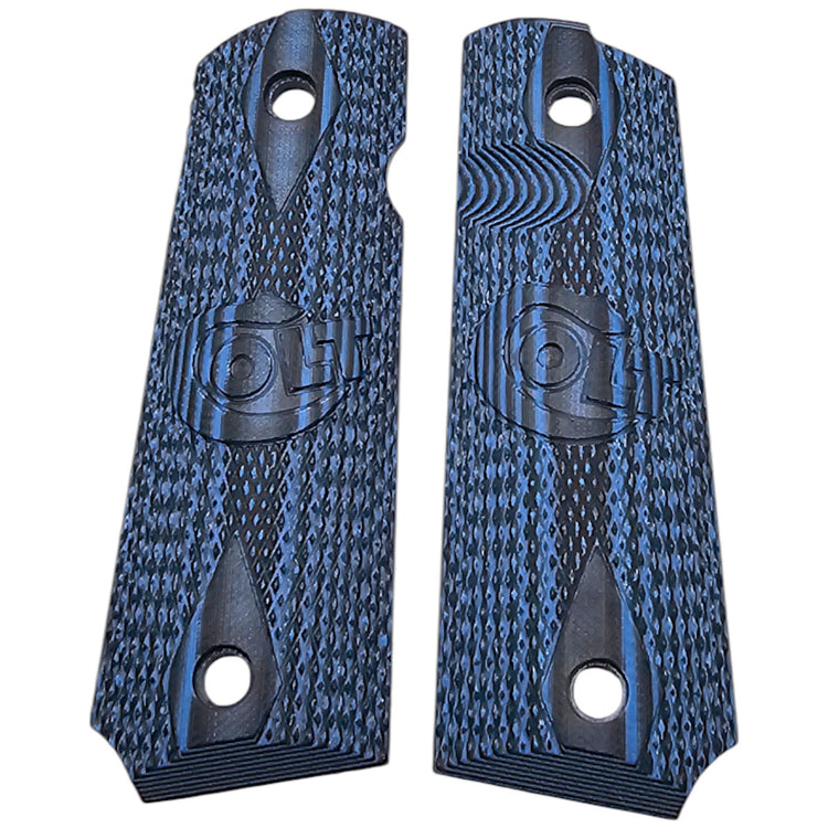 Blue and black G10 1911 pistol grips with double diamond texture