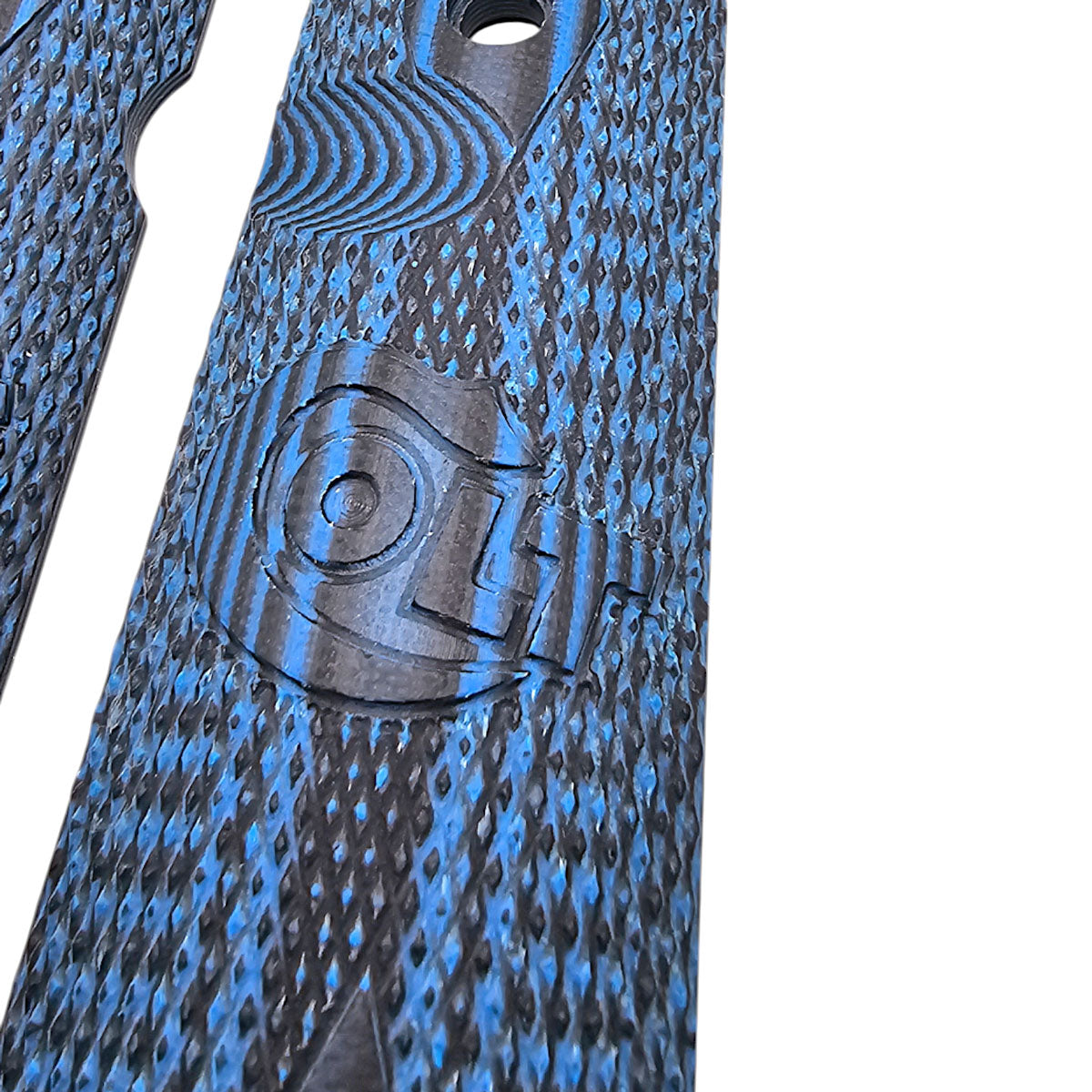 Close-up of precision-cut G10 grips for Colt 1911 full-size frame