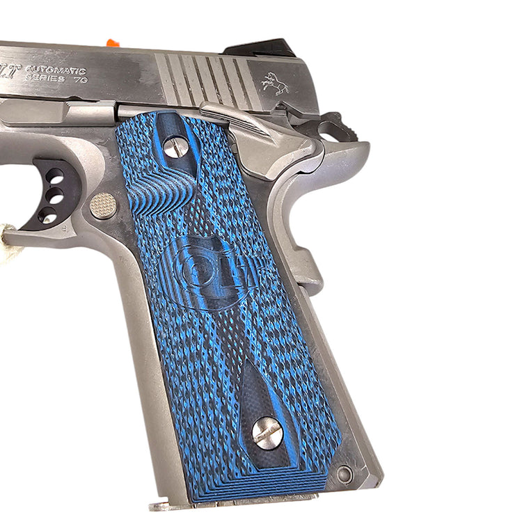 Blue and black double diamond grips mounted on 1911 frame