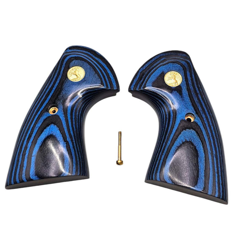 Set of blue-black pakkawood gun grips for Colt Python with brass hardware