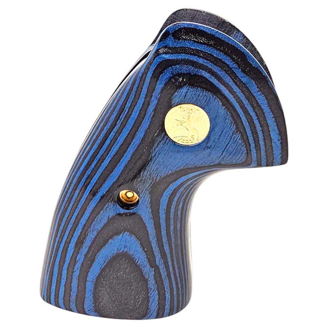 Detailed close-up of gold Colt emblem on blue-black pakkawood revolver grips