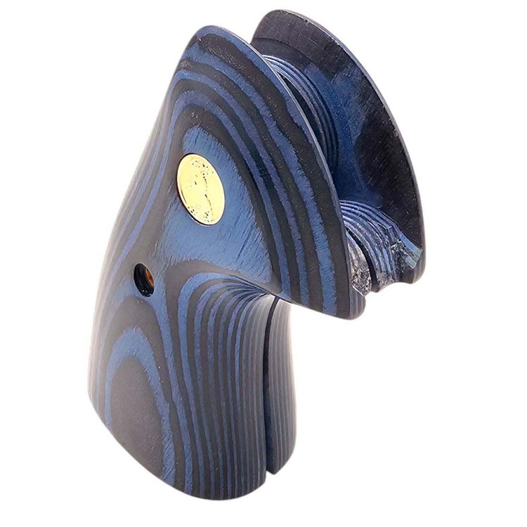 Elegant pakkawood texture and gold medallion detail on revolver grip panels
