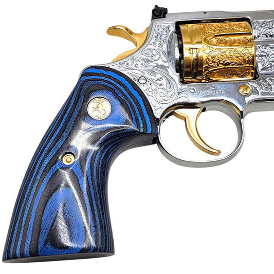 Colt Python revolver with blue-black pakkawood grips and gold medallion