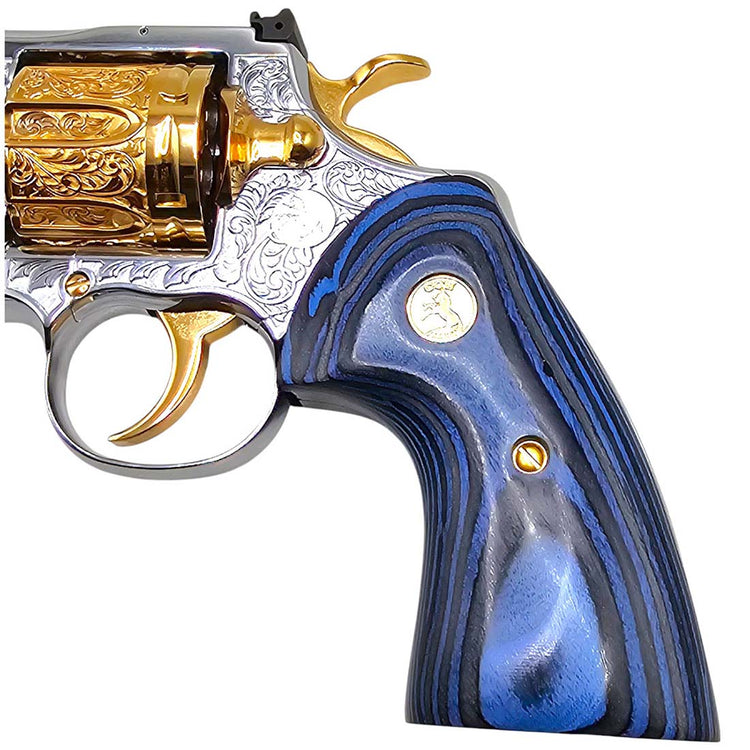 Custom Anaconda revolver grips in blue-black pakkawood with 24K gold emblem