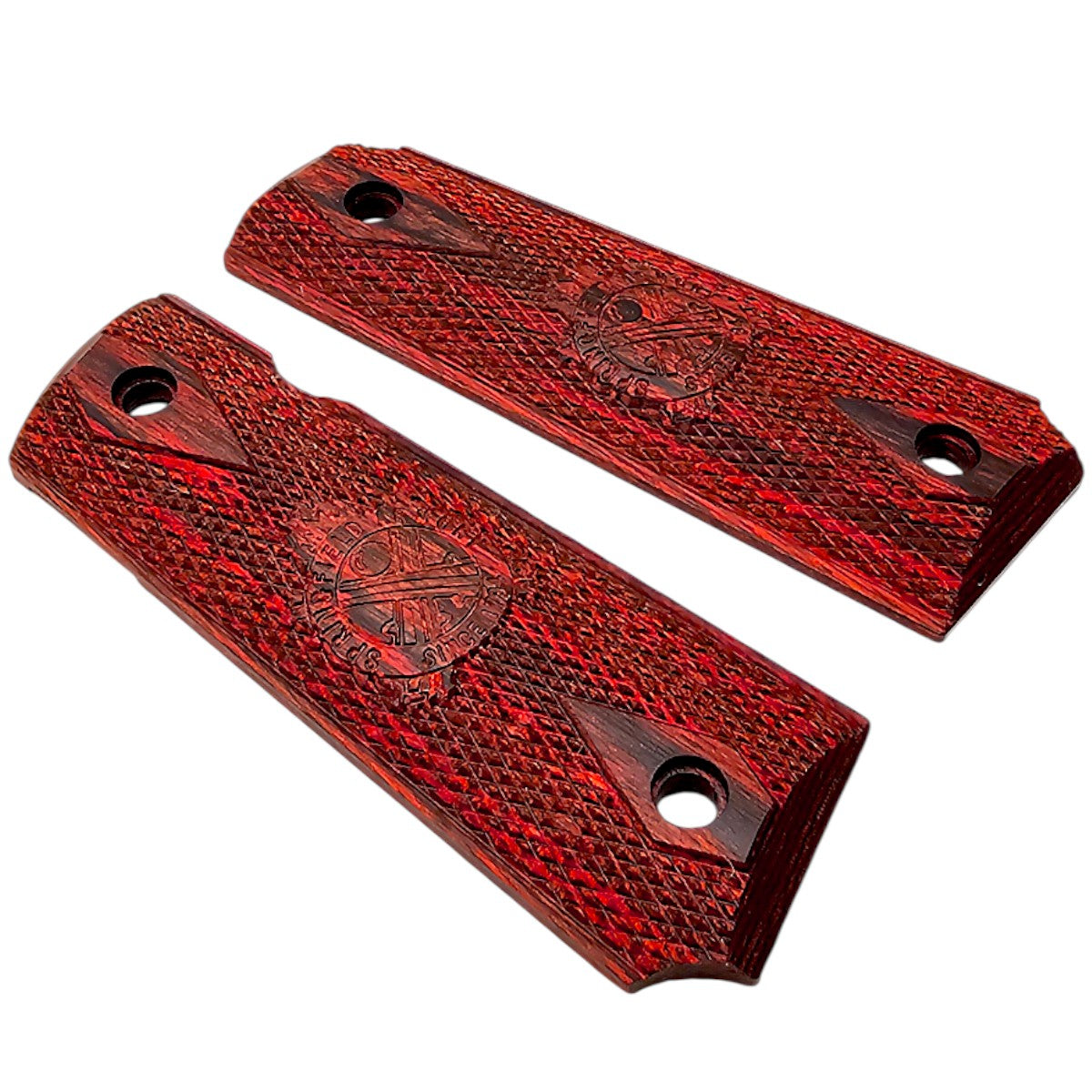 Detailed Light Engraving on Red Laminated Wood 1911 Pistol Grips