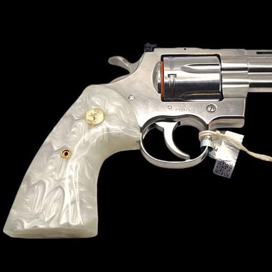 White pearl grips for Colt Python with 24K gold Colt emblem installed