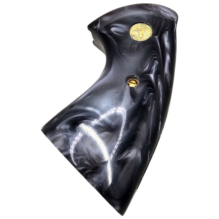 Elegant black polymer grip with swirling pearl finish and gold details