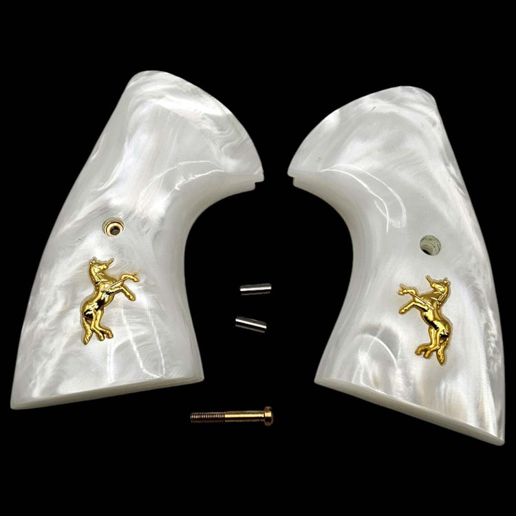 White pearl polymer revolver grips for Colt Python and Colt Anaconda, CNC-cut with gold medallion