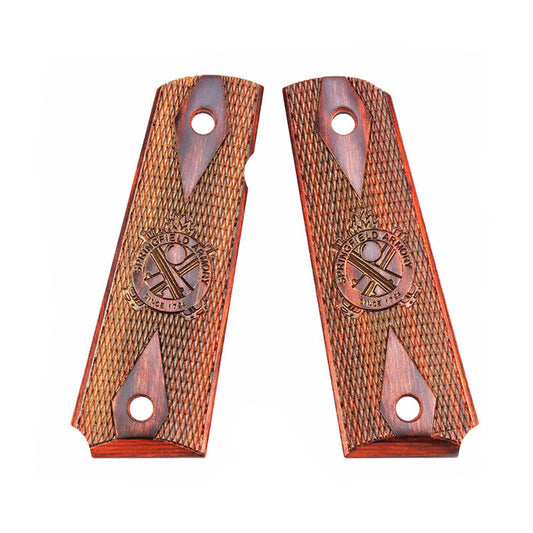Springfield 1911 full-size Cocobolo grips with checkered pattern and Crossed Cannon emblem
