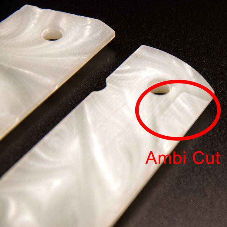 Ambidextrous safety cut detail on white pearl 1911 grip set